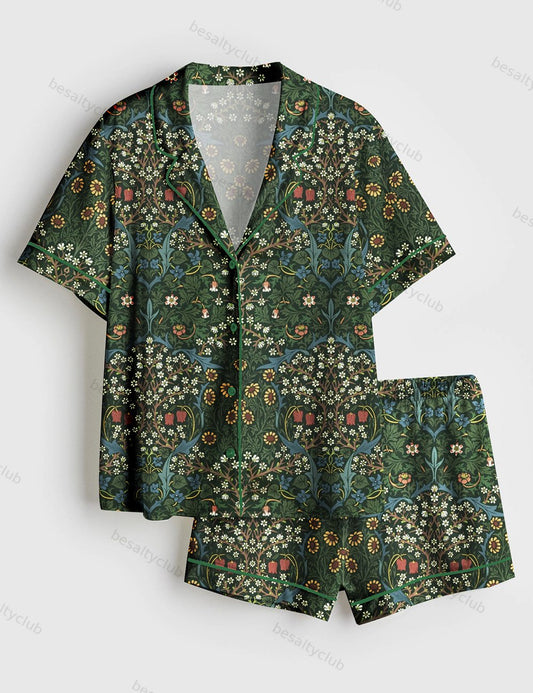 Antique Colors Sunflowers Plant Lover Gardening Print Short Sleeve Satin Pajama Set