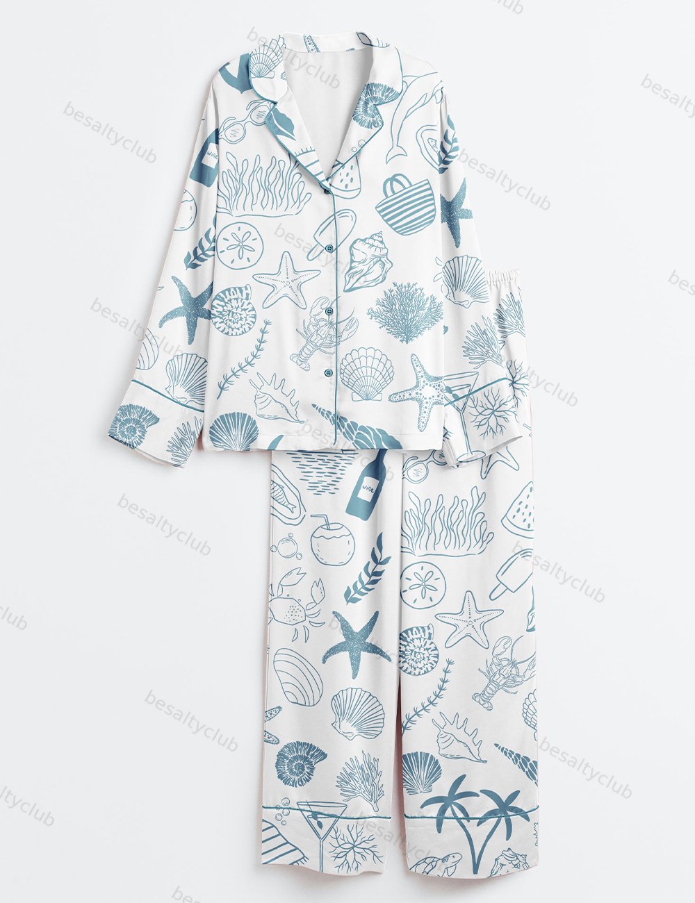 Coastal Hand Drawn Beach Ocean Elements Summer Nautical Print Long Sleeve Satin Pajama Set
