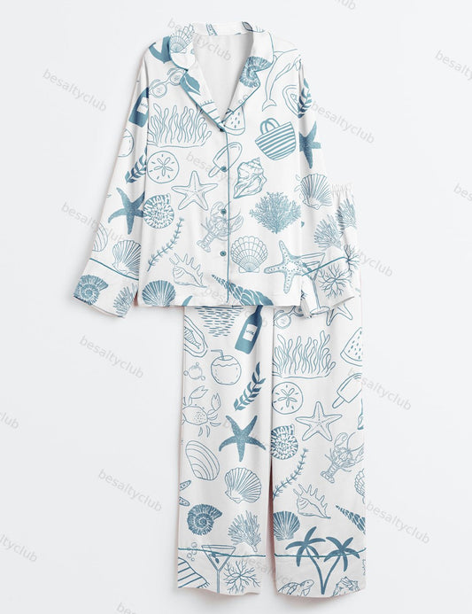 Coastal Hand Drawn Beach Ocean Elements Summer Nautical Print Long Sleeve Satin Pajama Set