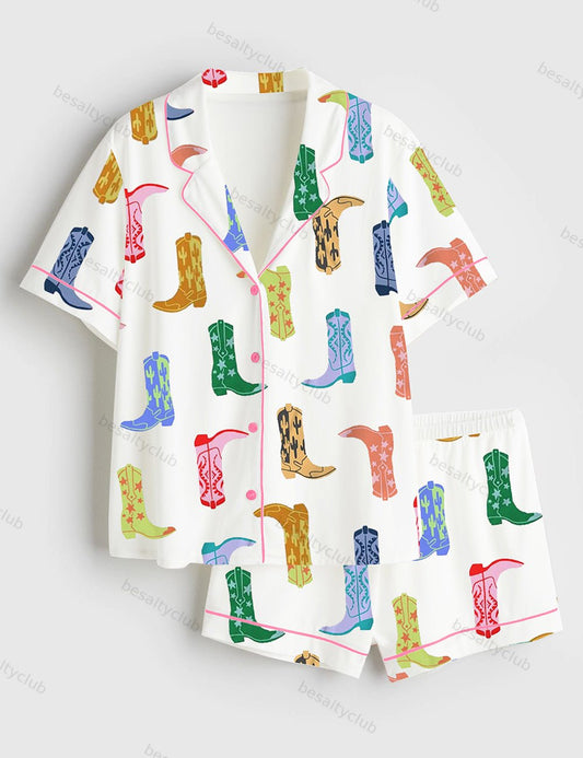Colorful Cowboy Boot Short Sleeve Satin Pajama Set