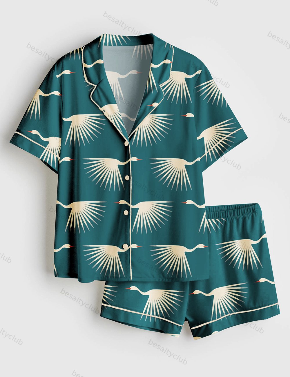 Art Deco Cranes Short Sleeve Satin Pajama Set