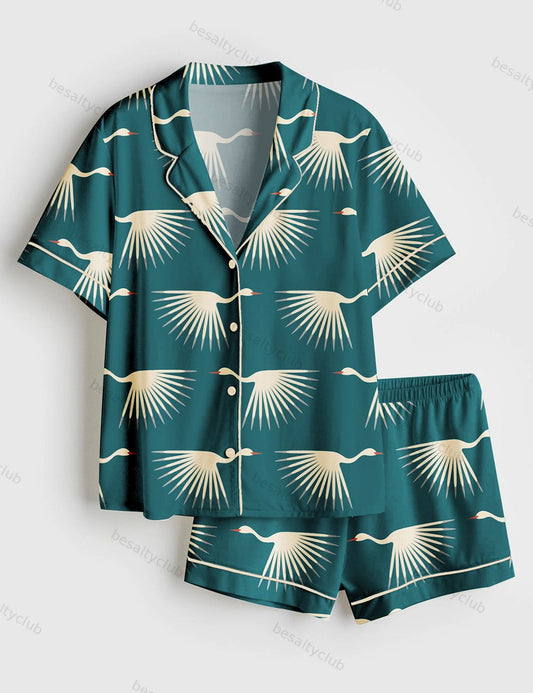 Art Deco Cranes Short Sleeve Satin Pajama Set