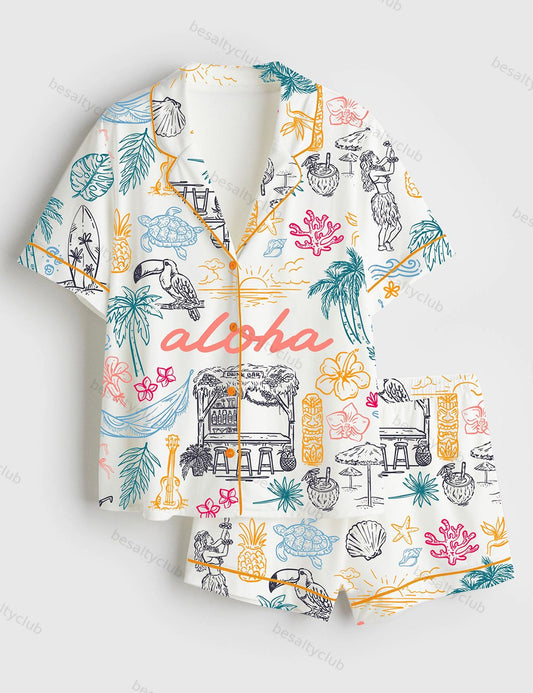 Aloha Tropical Exotic Hawaian Whimsical Style Seaside Ocean Aloha State Of Mind Short Sleeve Satin Pajama Set