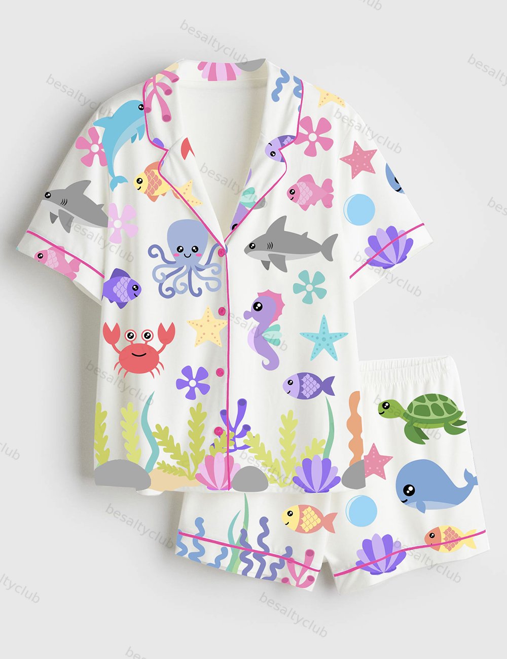 Cute Ocean Sea Animals Starfish Whale Octopus Shark Fish Turtle Seaweed Print Short Sleeve Satin Pajama Set