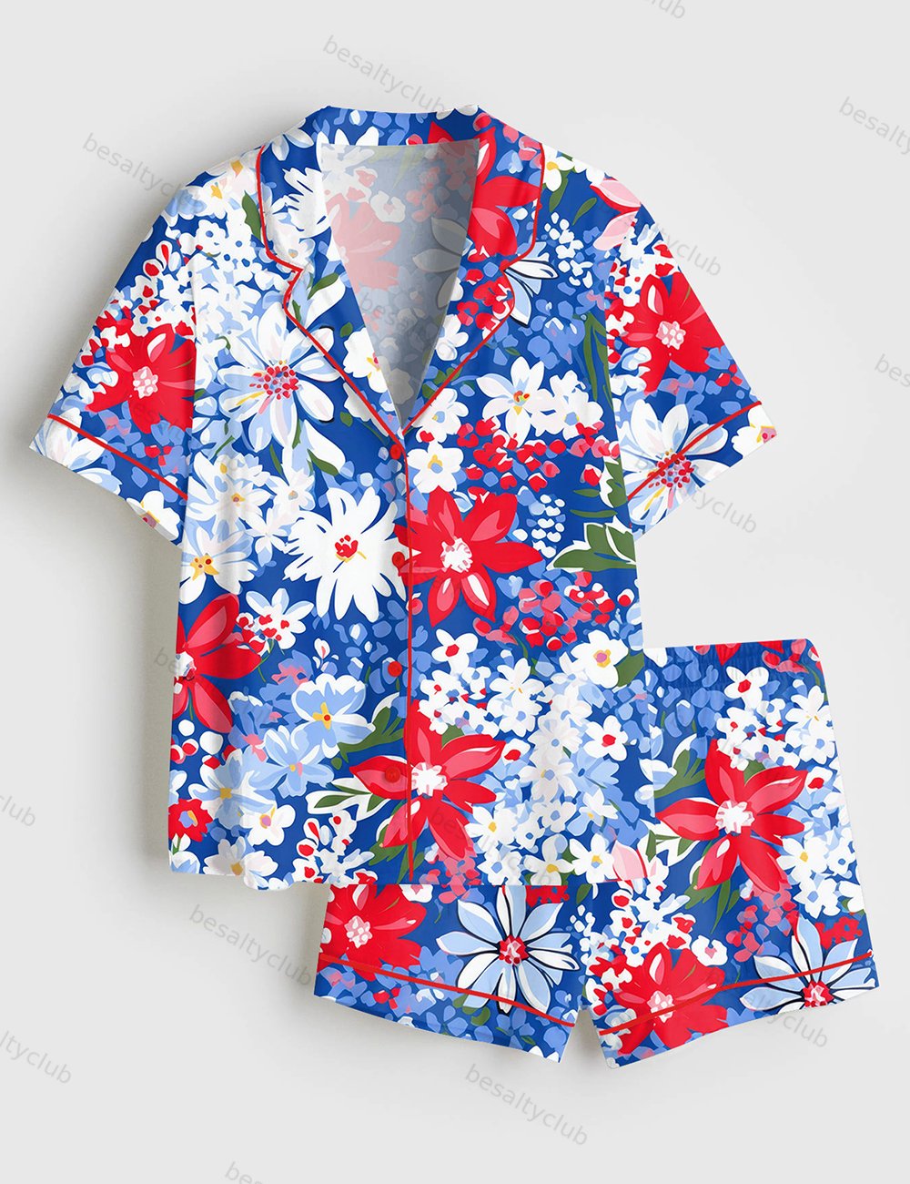 Red White And Blue Flowers Patriotic 4th Of July Short Sleeve Satin Pajama Set