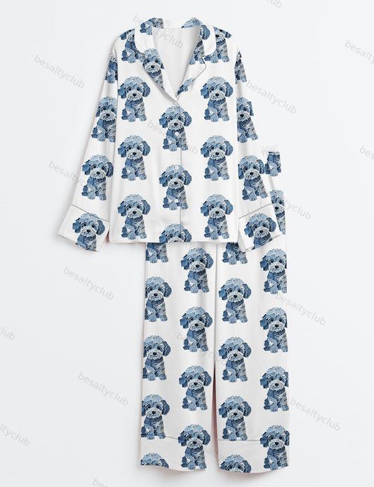 Teddy Dog Lover Long Sleeve Satin Pajama Set