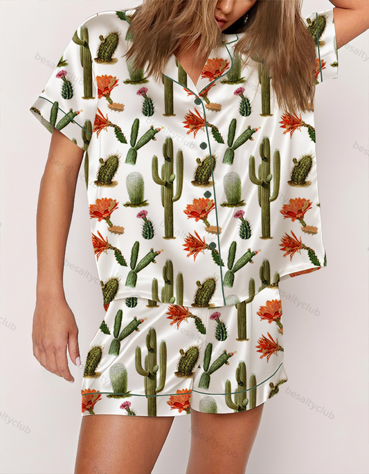 Vintage Cactus Succulents Satin Pajama Set
