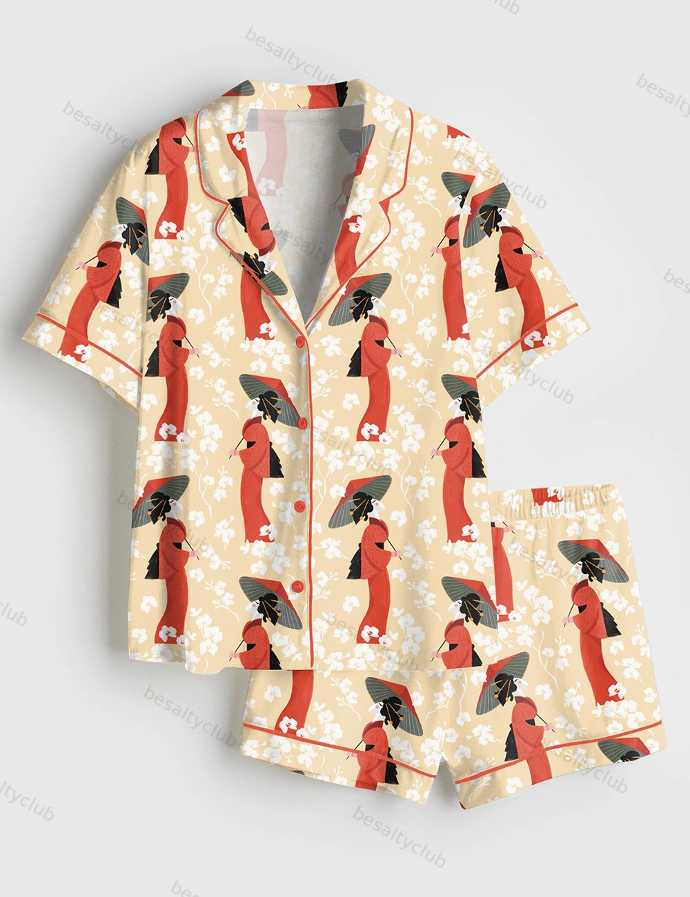 Tokyo Sights Japanese Kimonos And Traditional Umbrellas Short Sleeve Satin Pajama Set