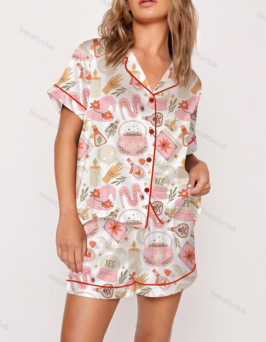 Pink Witch Haloween Satin Pajama Set