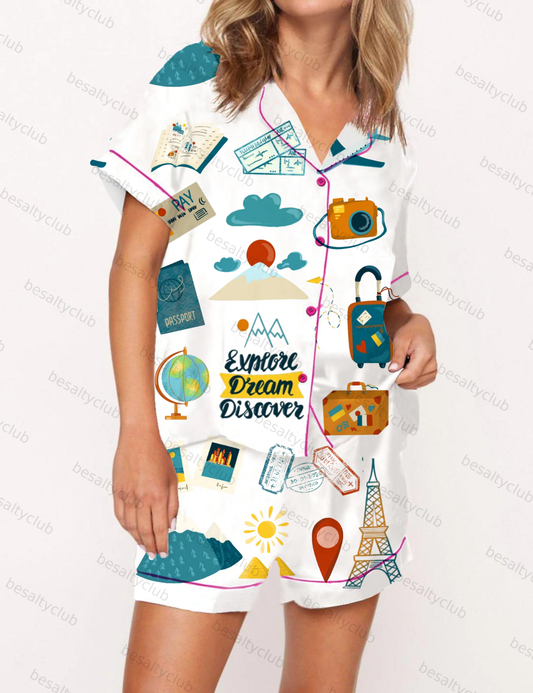 Explore Dream Discover Silky Satin Pajama Short Set