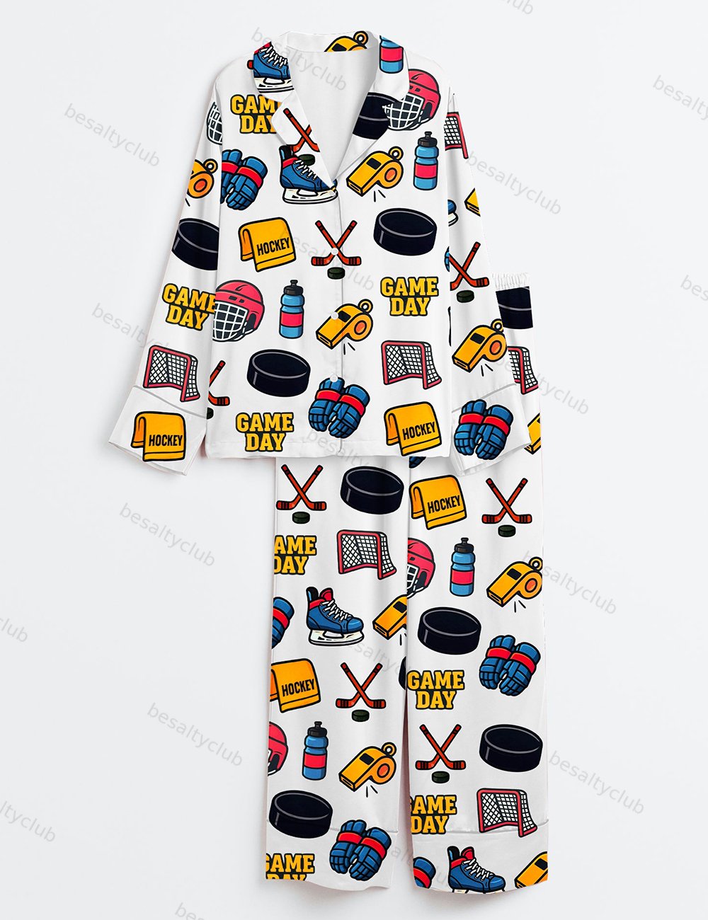 Hockey Sports Game Day School Sport Hockey Print Long Sleeve Satin Pajama Set