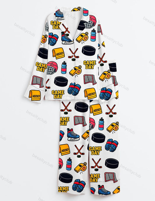 Hockey Sports Game Day School Sport Hockey Print Long Sleeve Satin Pajama Set