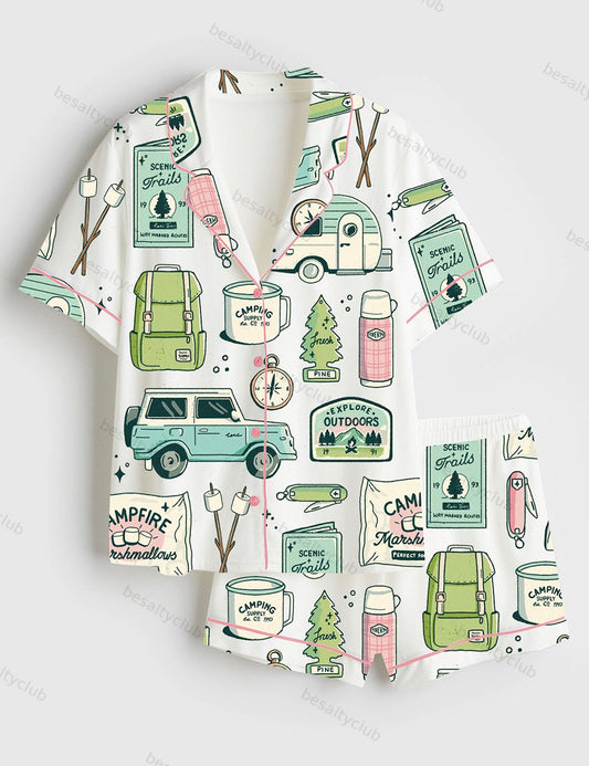 Outdoorsy Camping Supplies Short Sleeve Satin Pajama Set