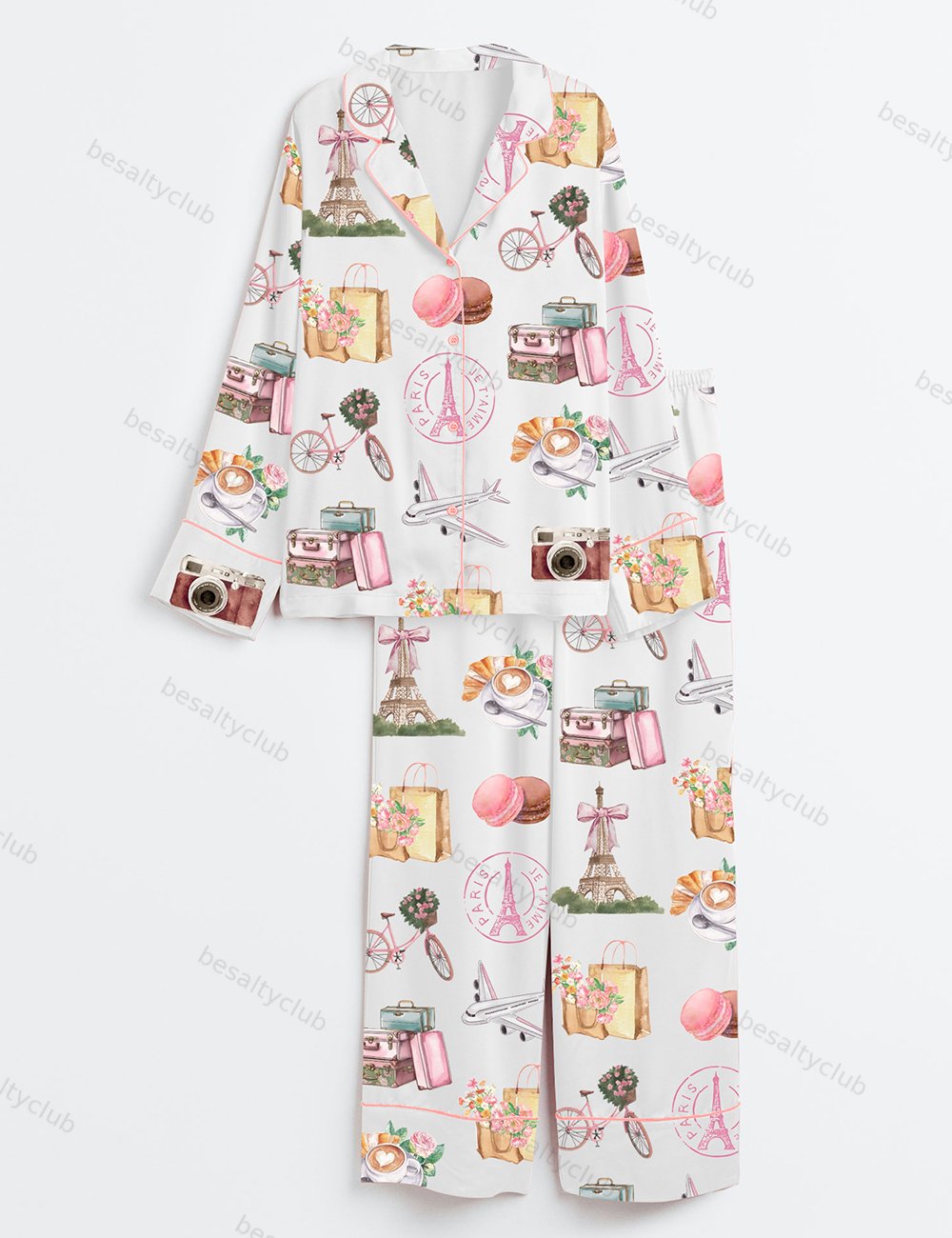 Paris France Girls Trip Family Vacation Summer Travel Long Sleeve Satin Pajama Set