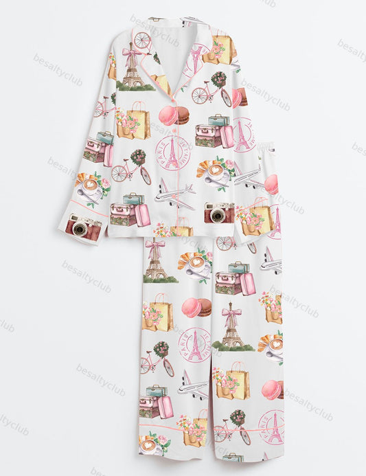 Paris France Girls Trip Family Vacation Summer Travel Long Sleeve Satin Pajama Set