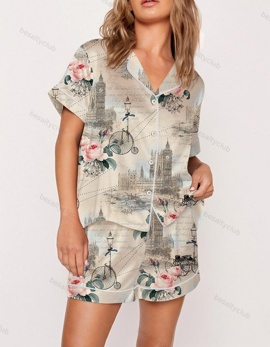 Britain Travel Impression Vintage Satin Pajama Set