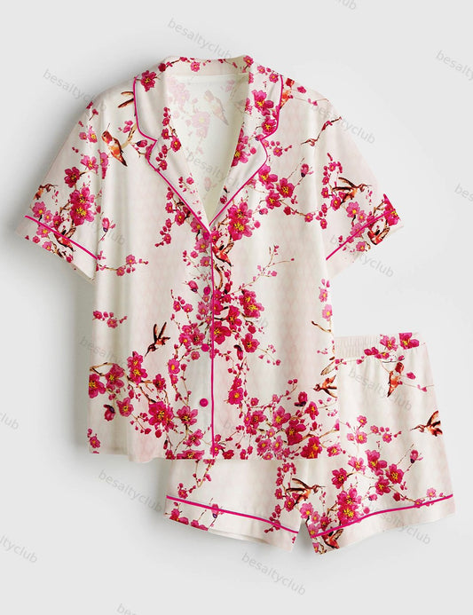 Cherry Blossom And Hummingbird Short Sleeve Satin Pajama Set