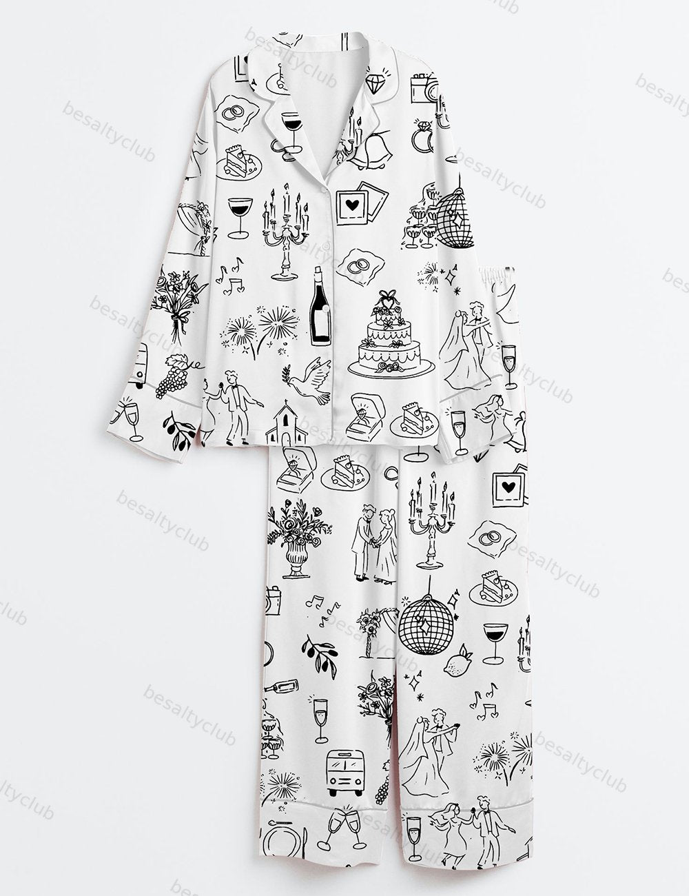 Hand Drawn Wedding Timeline Wedding Icons Champagne Print Long Sleeve Satin Pajama Set
