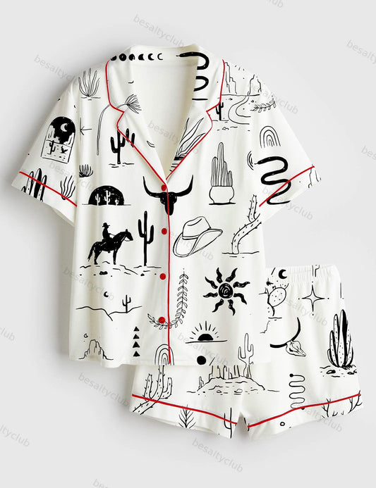 Wild Western Outdoors Adventure Silhouette Cowboy Cactus Mountain Snake Hand Moon Sun Print Short Sleeve Satin Pajama Set