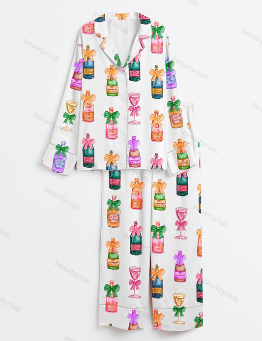 Colorful Coquette Champagne Wedding Drinks Long Sleeve Satin Pajama Set