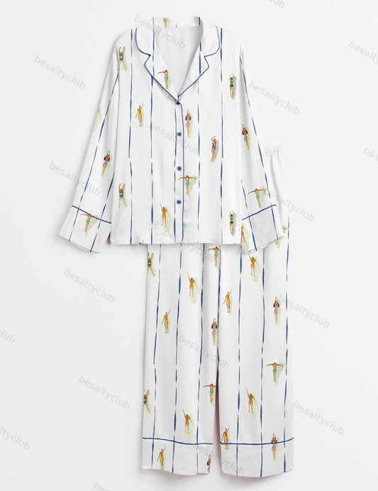 People Swimming In Pool Summer Minimalist Tiny Swimmers Print Long Sleeve Satin Pajama Set