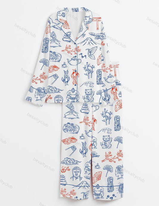Japanese Whimsical Style Long Sleeve Satin Pajama Set