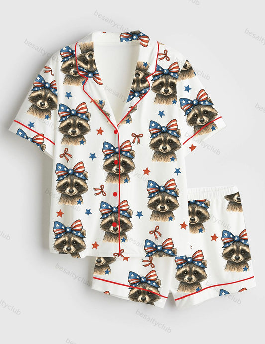 4th Of July America Funny Cute Baby Highland Cow Print Short Sleeve Satin Pajama Set