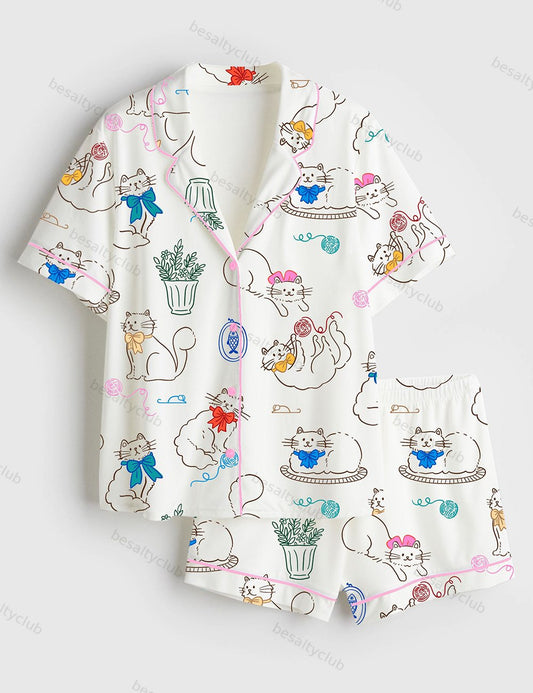 Cat With A Bow Playing With Balls Of Yarn And Potted Plant Short Sleeve Satin Pajama Set