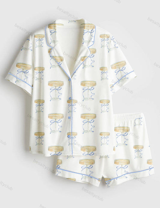 Elegant Blue Bow And Champagne Short Sleeve Satin Pajama Set