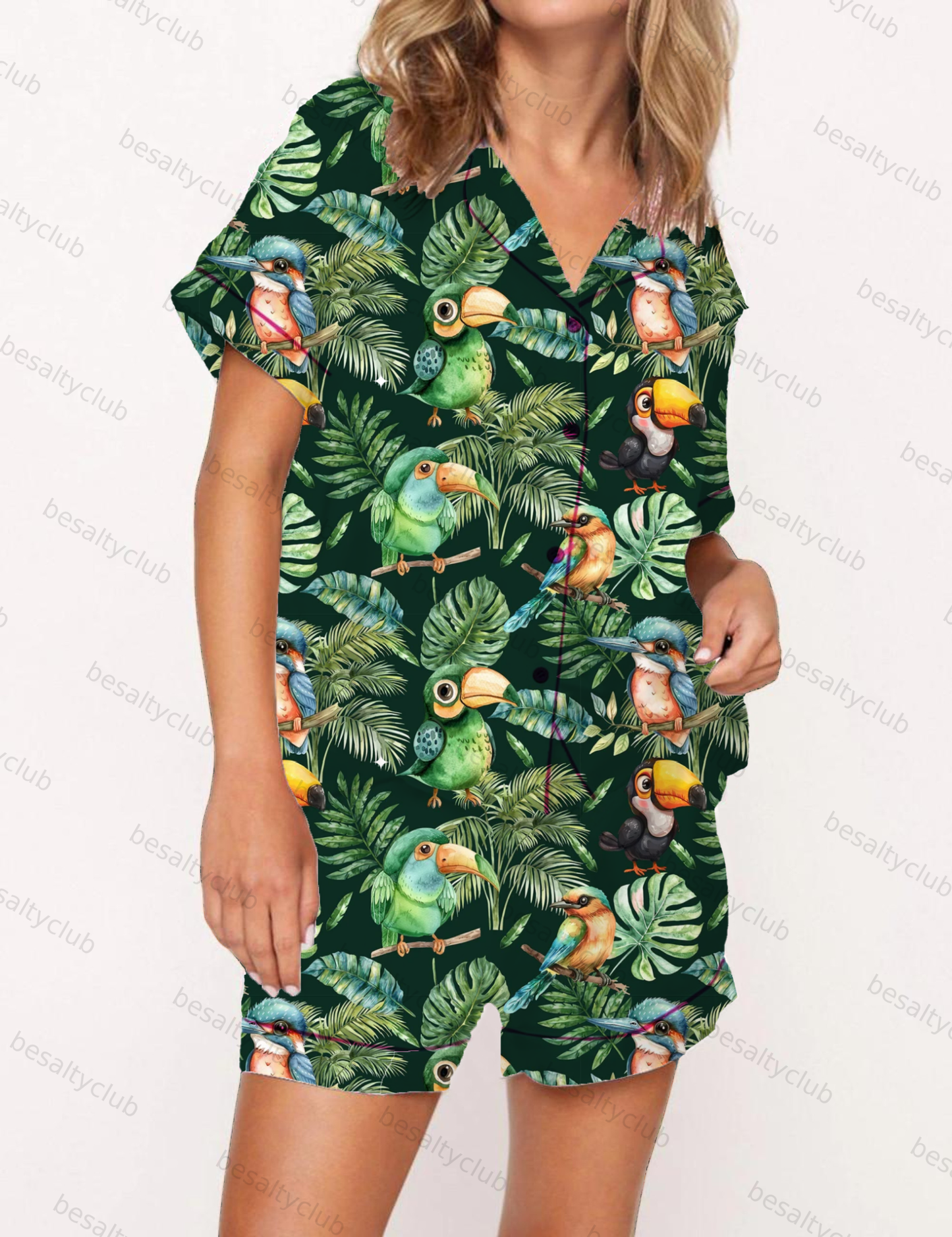 Tropical Palm Parrot Satin Pajama Short Set