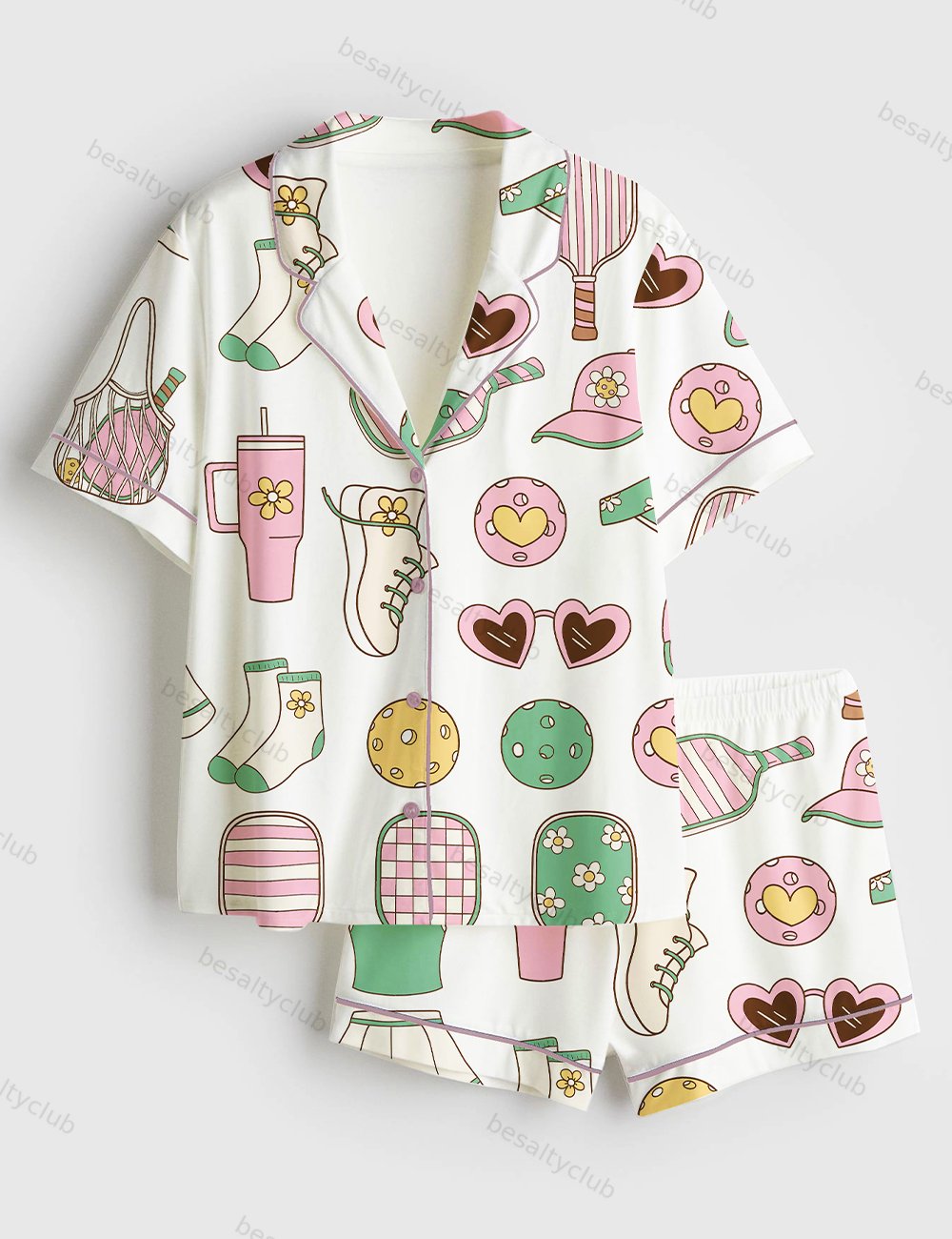 Pickleball Equipment Martini Short Sleeve Satin Pajama Set