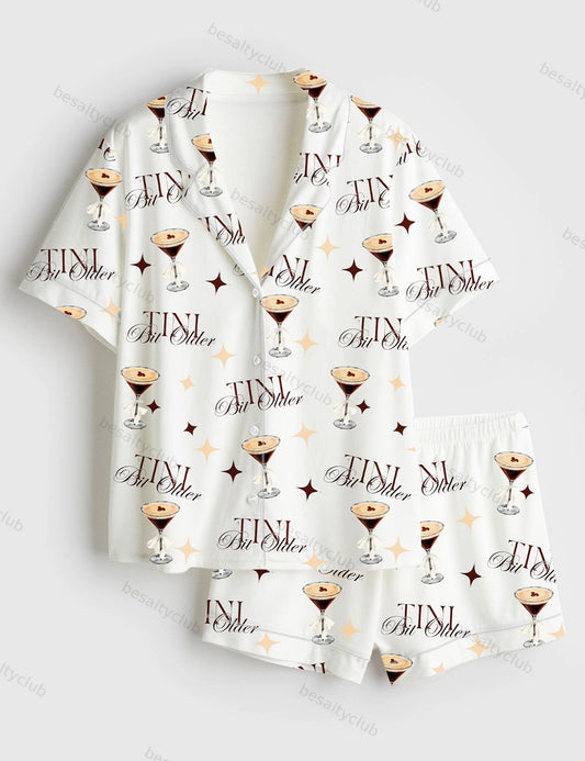 Tini Bit Older Dirty Martini Lover Tini Time Bachelorette Party Print Short Sleeve Satin Pajama Set