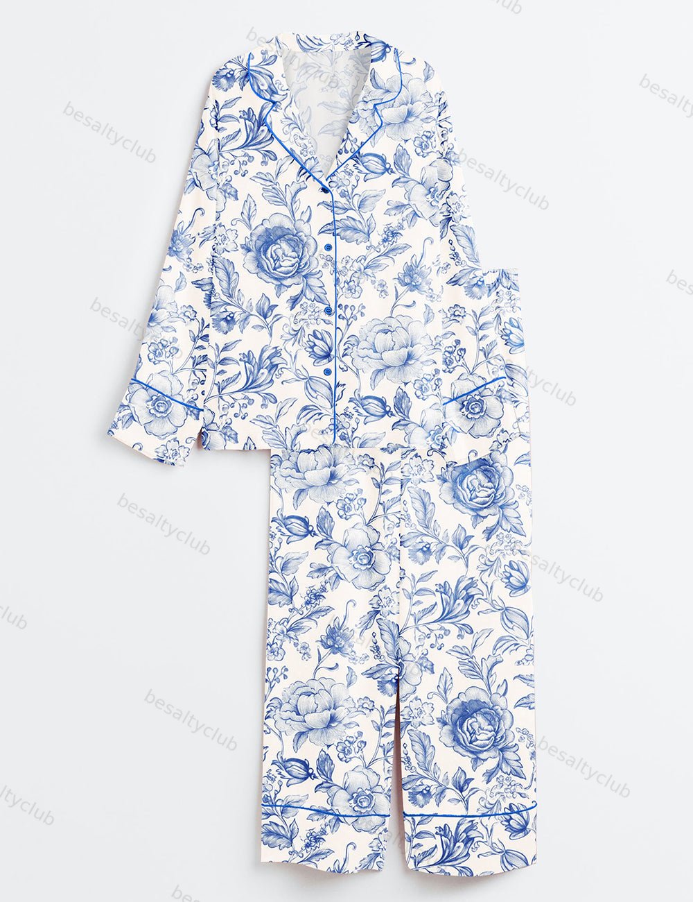 Light Blue and White Floral Pattern Long Sleeve Satin Pajama Set