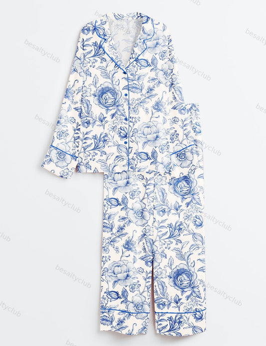 Light Blue and White Floral Pattern Long Sleeve Satin Pajama Set