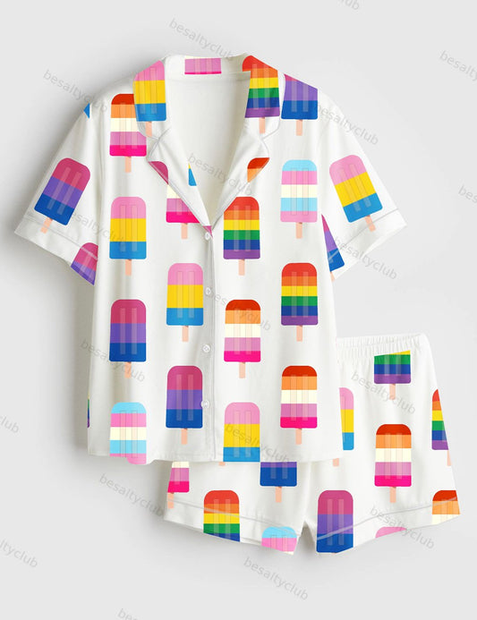LGBT Rainbow Popsicles LGBTQ Pride Rainbow Ice Cream Pride Month Print Short Sleeve Satin Pajama Set