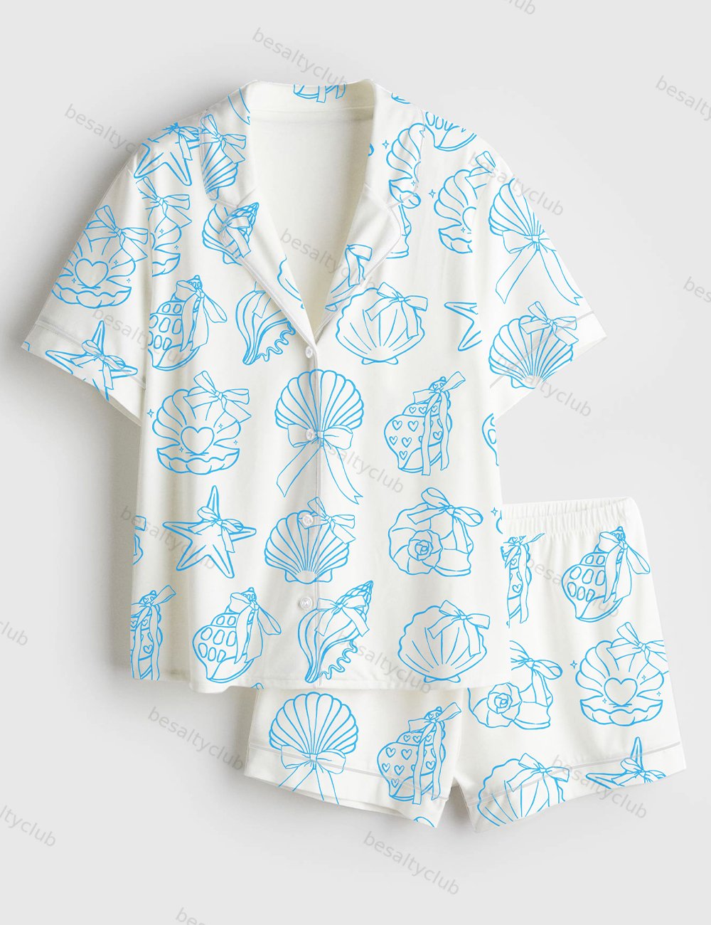 Retro Coquette Seashell Sea Pastel Coastal Summer Girly Shell With Bow Preppy Fisherman Aesthetic Print Short Sleeve Satin Pajama Set