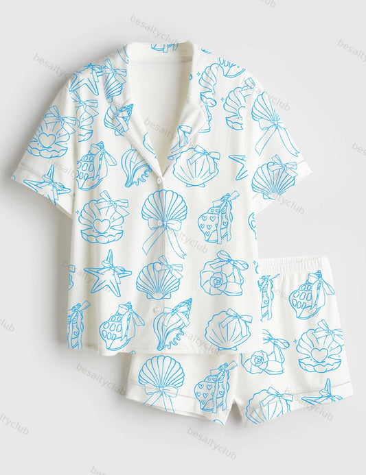 Retro Coquette Seashell Sea Pastel Coastal Summer Girly Shell With Bow Preppy Fisherman Aesthetic Print Short Sleeve Satin Pajama Set