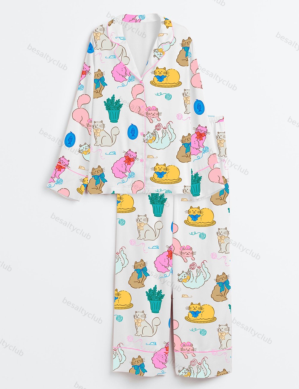 Colorful Cat With A Bow Playing With Balls Of Yarn And Potted Plant Long Sleeve Satin Pajama Set