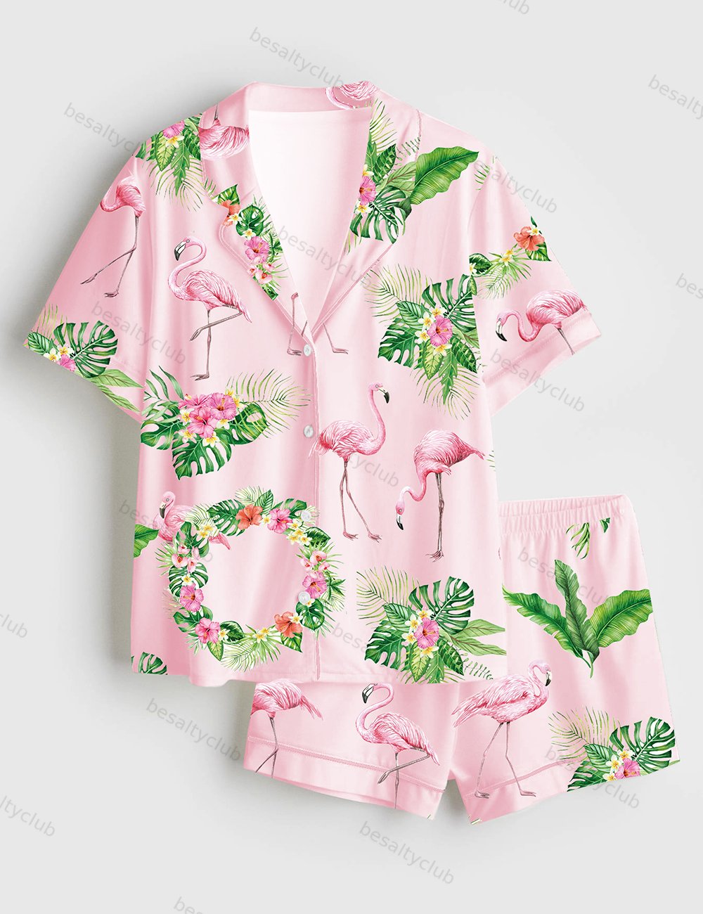 Pink Flamingo Summer Beach Bachelorette Short Sleeve Satin Pajama Set