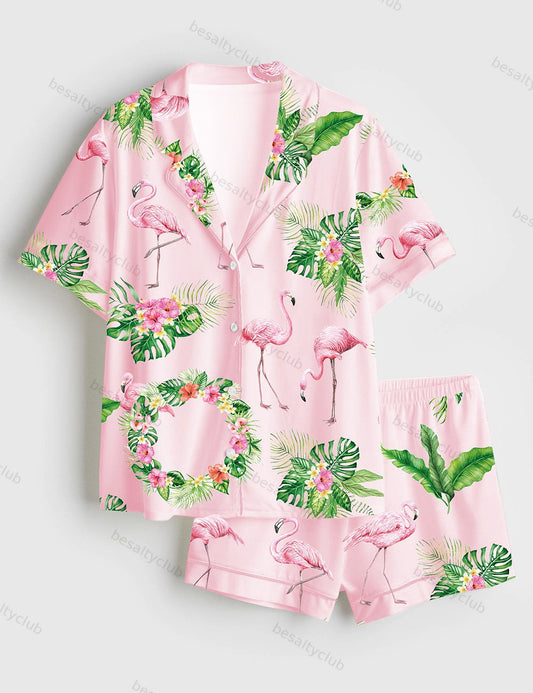 Pink Flamingo Summer Beach Bachelorette Short Sleeve Satin Pajama Set