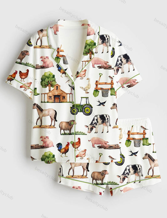 Watercolor Allover Farm Animals Short Sleeve Satin Pajama Set