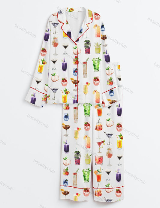 Cocktails Long Sleeve Satin Pajama Set
