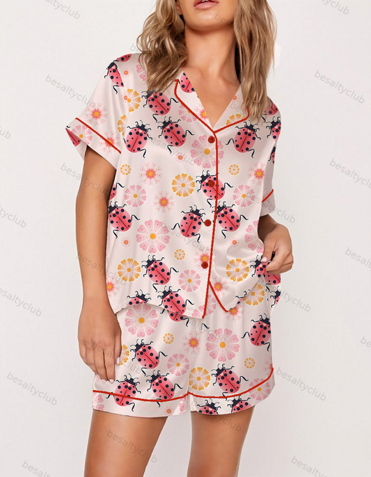 Cute Floral Ladybug Satin Pajama Set