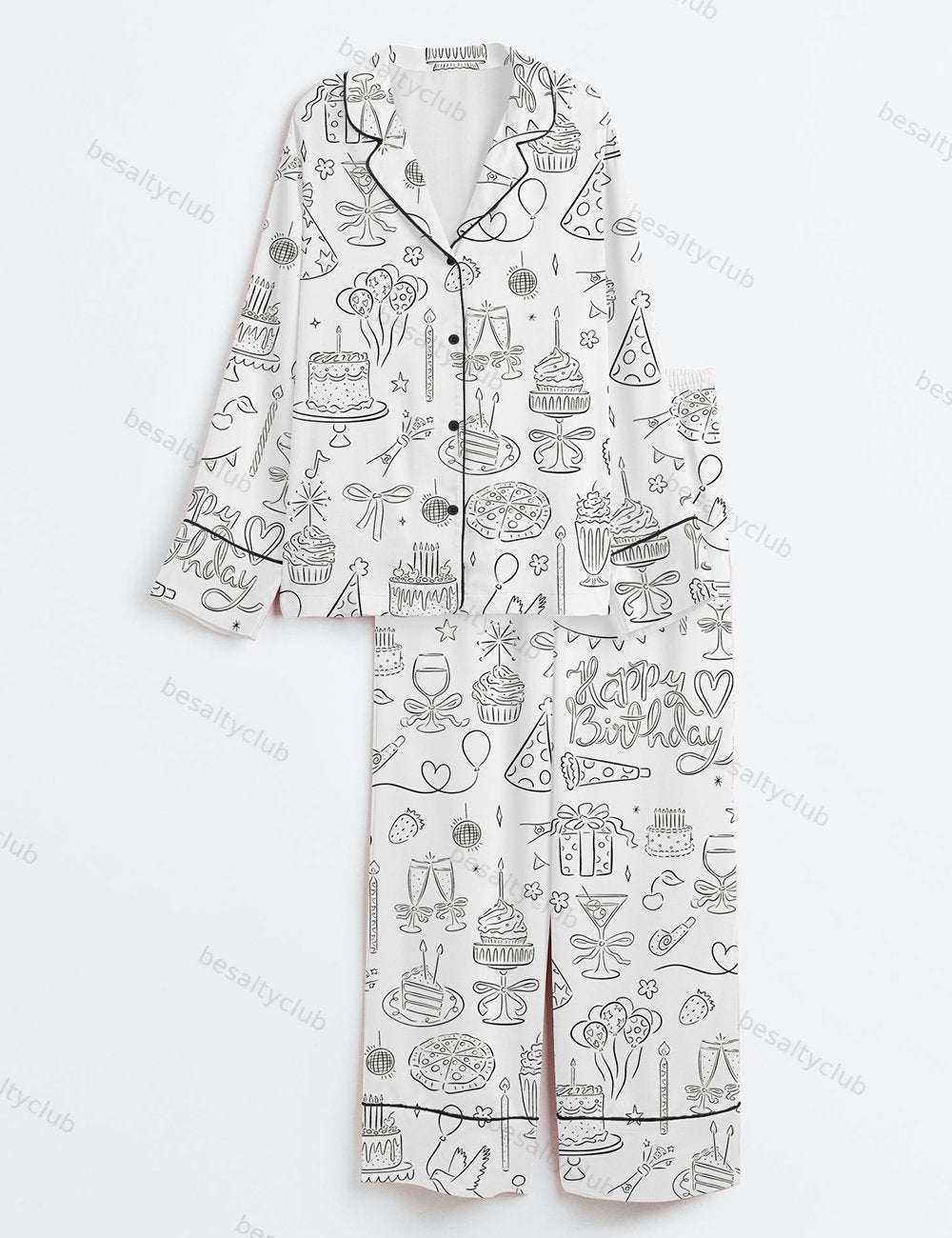 Whimsical Birthday Hand Drawn Birthday Illustrations Party Doodles Birthday Celebration Long Sleeve Satin Pajama Set