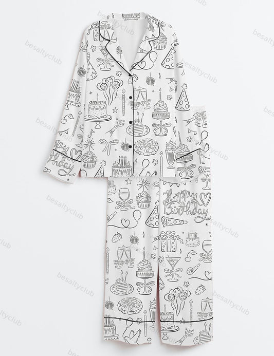 Whimsical Birthday Hand Drawn Birthday Illustrations Party Doodles Birthday Celebration Long Sleeve Satin Pajama Set