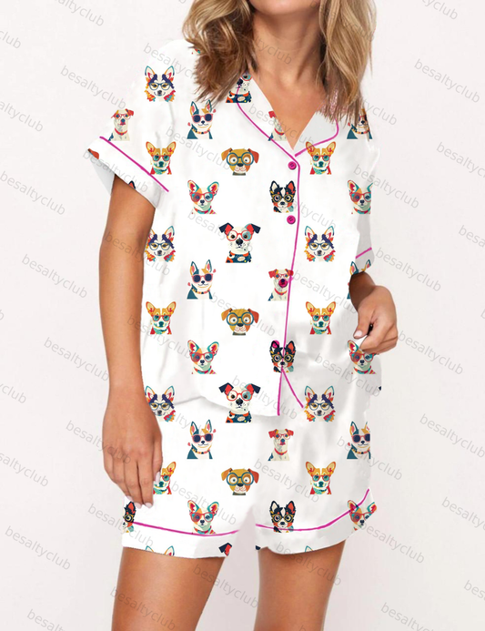 Cool Dog Pattern Satin Pajama Short Set