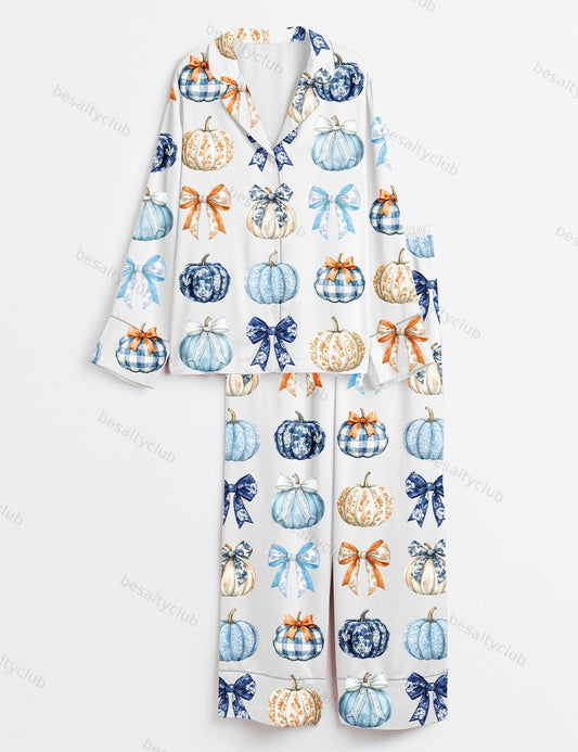 Watercolor Pumpkins And Bows Clipart Blue Toile Pumpkins Fall Gingham Pumpkins Long Sleeve Satin Pajama Set