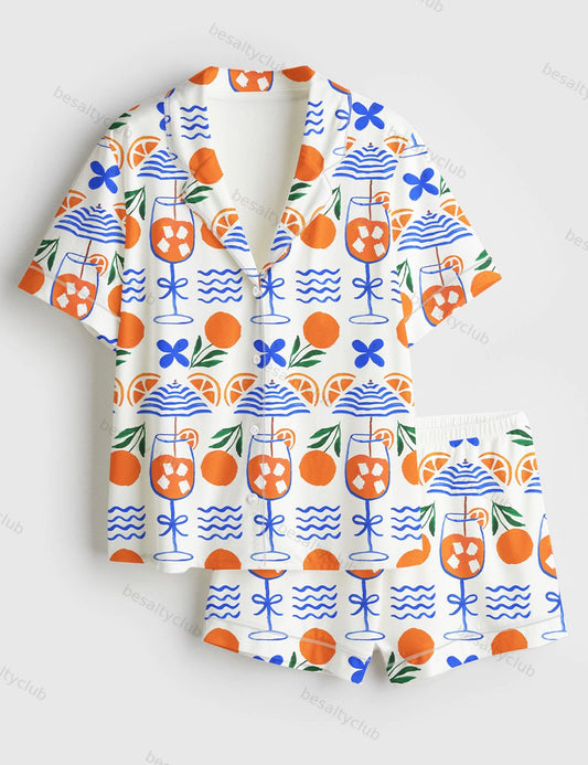 Looking Forward To An Aperol Spritz On A Summer Beach Short Sleeve Satin Pajama Set