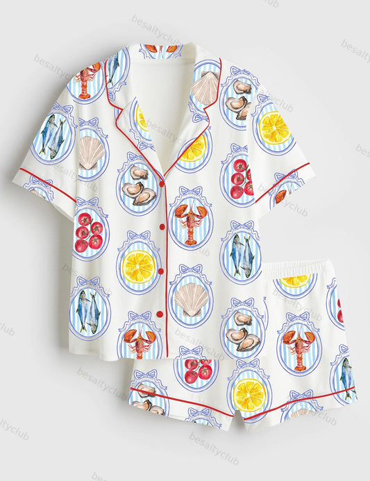 Trendy Summer Beach SeaShell Coastal Aesthetic Tomato Girl Oyster Short Sleeve Satin Pajama Set