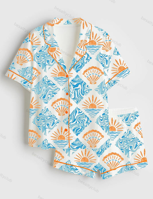 A Trip To The Beach Short Sleeve Satin Pajama Set